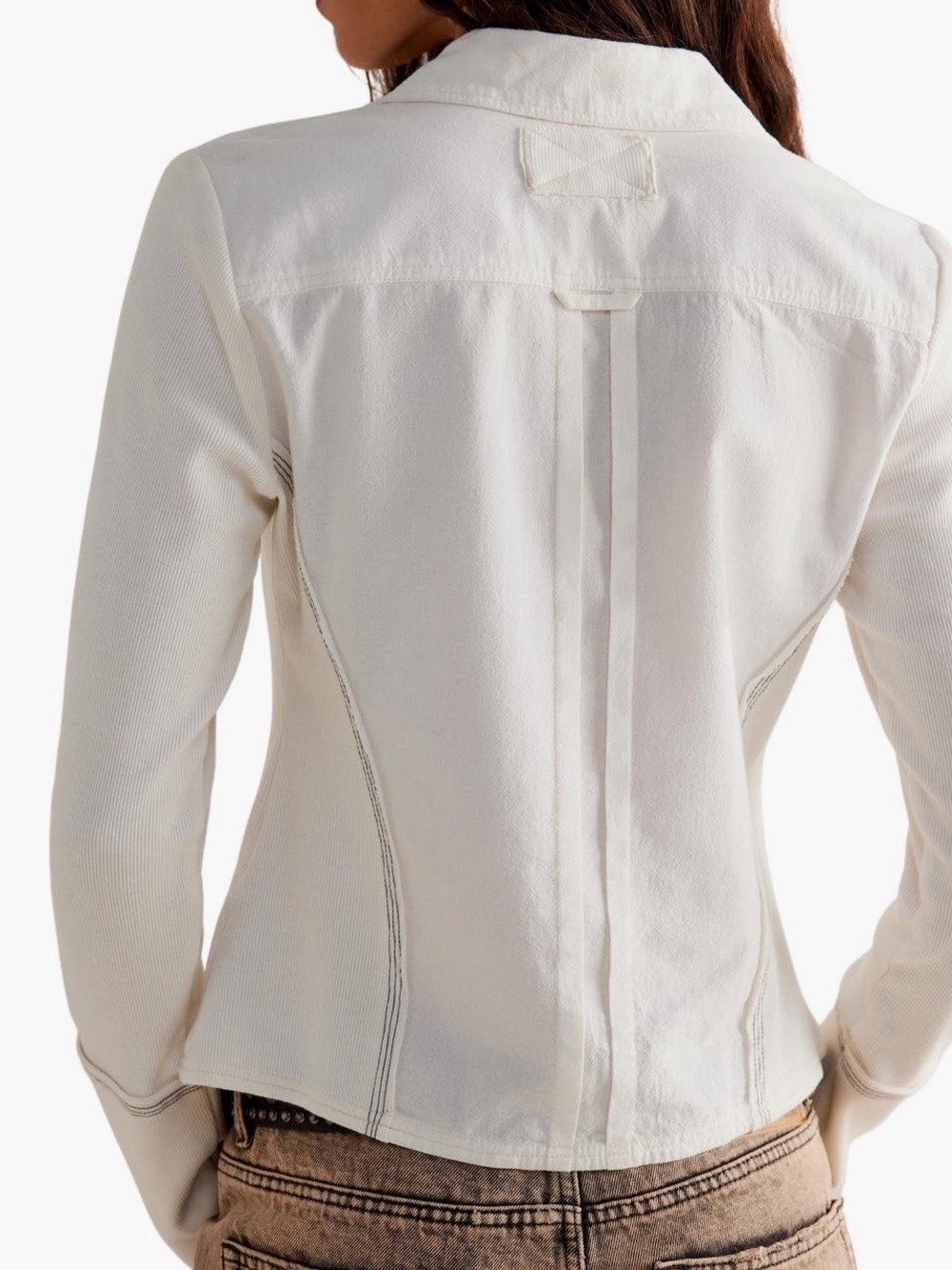 Free People We The Free Tiny Woven Top Cream Ribbed Contrast Stitch Shacket M - Picture 4 of 13